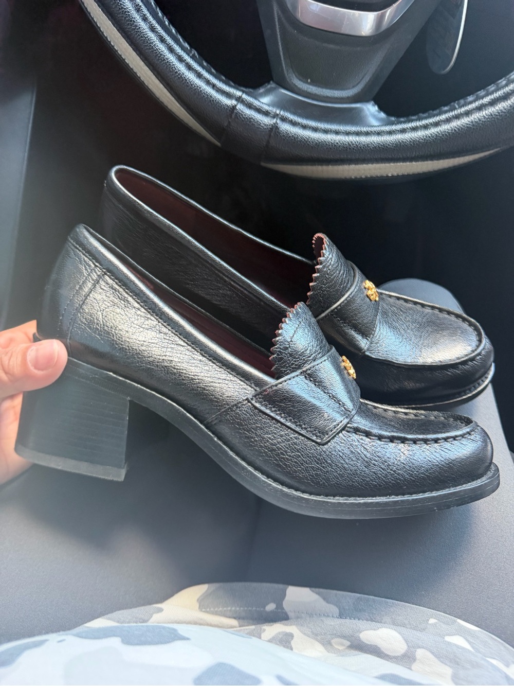 Tory Burch Black Leather Block Heel Loafers with Gold Logo Accent